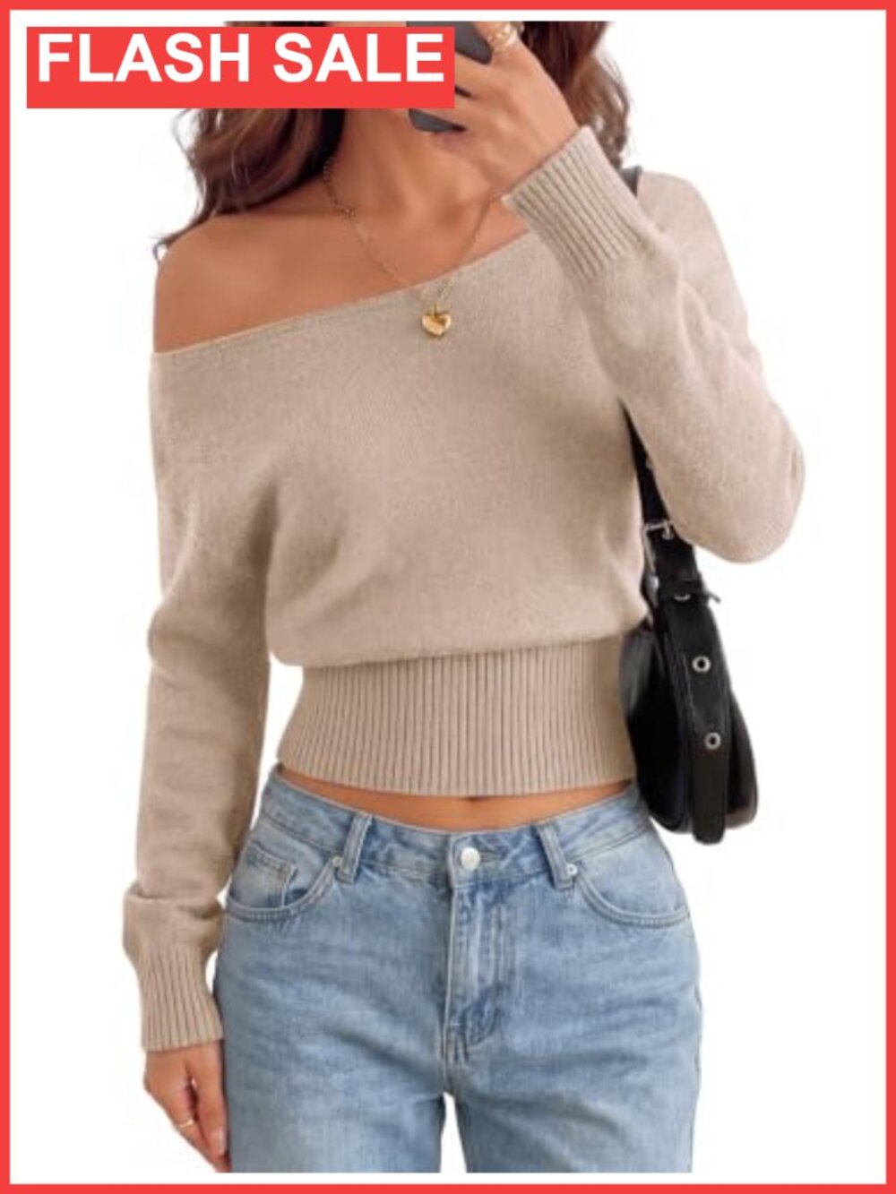 Off the Shoulder Cropped Sweater Cinched Waist Ribbed Pullover Top